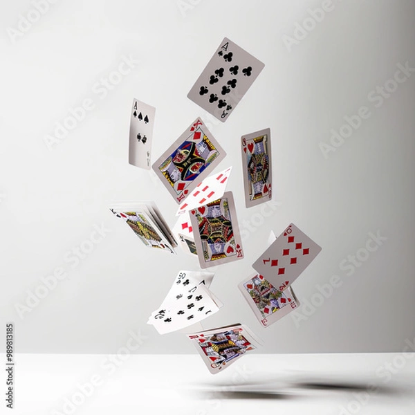 Fototapeta Mid-Air Playing Cards Suspended in Motion, Highlighting Suits and Numbers on White