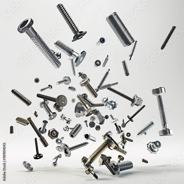 Fototapeta Screws and Bolts Falling Mid-Air with Subtle Lighting on a White Background