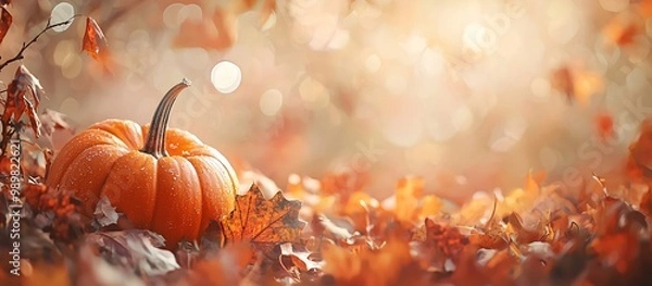 Fototapeta Autumnal rustic background with pumpkins and leaves, softened by a bokeh effect.