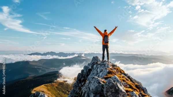 Obraz A man is standing on a mountain top, wearing an orange jacket and a backpack