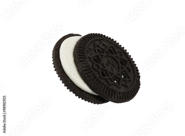 Obraz Close up isolated black cookies like oreo against hite background, computer ggenerated image in high definition