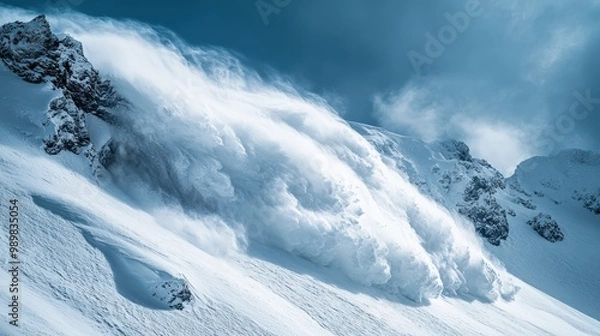 Fototapeta Dramatic snow avalanche rushing down a steep mountain slope