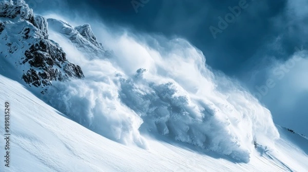 Fototapeta Dramatic snow avalanche rushing down a steep mountain slope