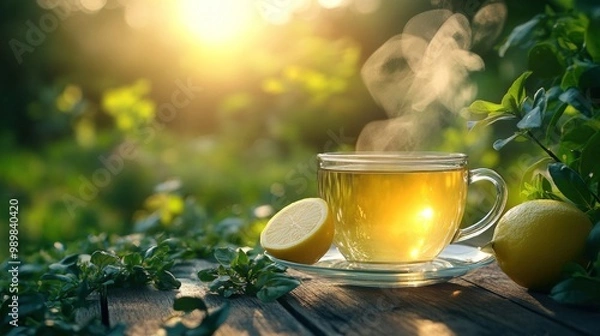 Fototapeta A steaming cup of tea with lemon slices on a wooden table in a green garden with the sun shining through the leaves.