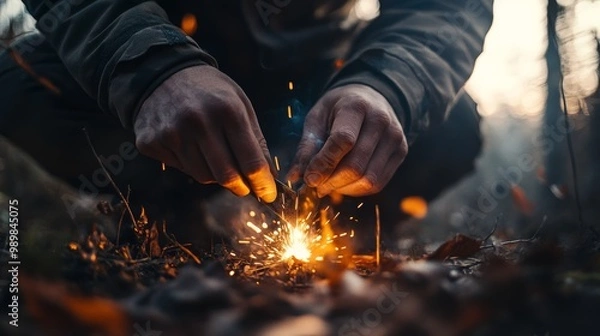 Obraz Hiker Striking Flint to Ignite Fire in Forest