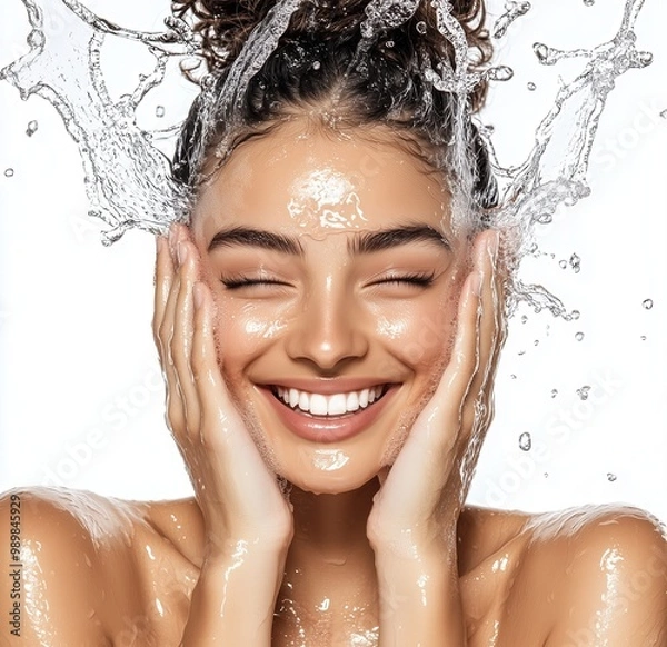 Fototapeta A beautiful woman smiling, washing her face with water in the style of an advertising photograph for skincare products.