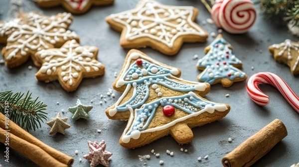 Fototapeta Colorful gingerbread cookies decorated with icing, candy canes, and cinnamon sticks for holidays