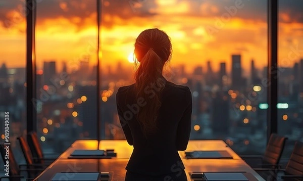 Fototapeta Businesswoman standing in a boardroom with a cityscape view, viewed from behind 