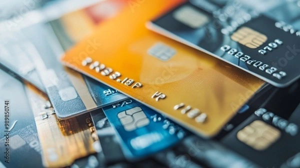 Fototapeta Global Online Marketplace: Diverse Payment Options with International Credit Cards and Digital Wallets Close-Up