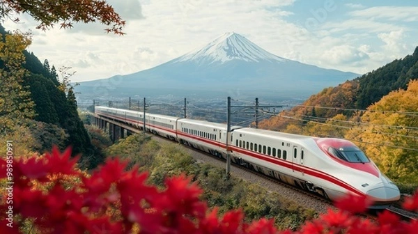 Fototapeta Japanese Train Near Mount Fuji during Autumn