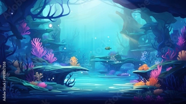 Fototapeta Underwater Scene with Coral Reefs and a Single Fish