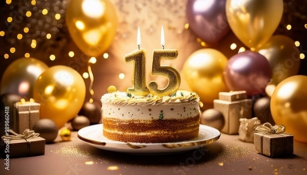 Fototapeta number 15 candle on a twenty eit year birthday or anniversary cake celebration with balloons