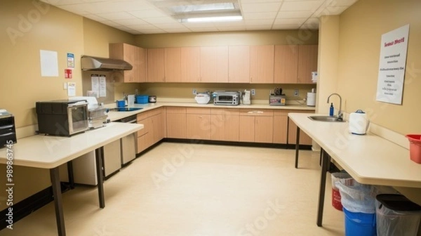 Fototapeta A clean kitchen space with appliances and counters for food preparation and dining.