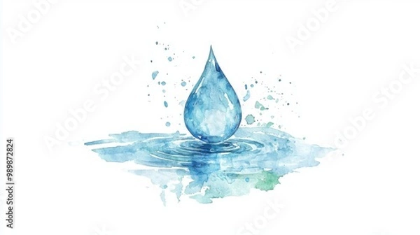 Obraz A serene watercolor illustration of a blue water drop splashing in a calm pool, symbolizing purity and tranquility.