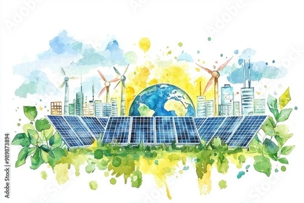Obraz A vibrant watercolor illustration showcasing renewable energy with solar panels, wind turbines, and a globe amidst greenery.