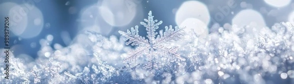 Fototapeta Captivating snowflake resting on pristine snow, featuring shimmering ice crystals and soft blue background, perfect for winter themes.