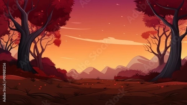 Fototapeta Red Trees in a Landscape with Mountain Range and Sunset