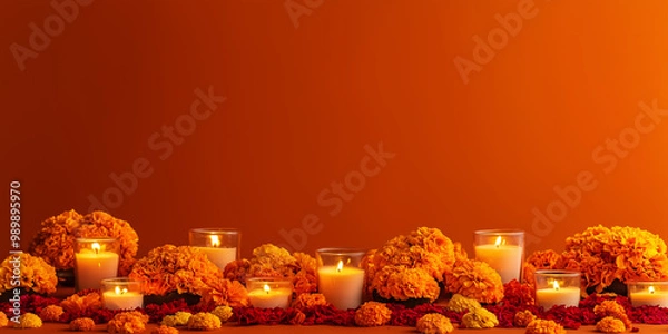 Fototapeta simple dia de muertos altar decorated with marigold flowers and dynamic candles placement