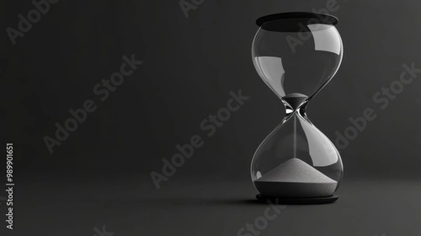 Fototapeta A glass hourglass with sand in it is sitting on a dark background