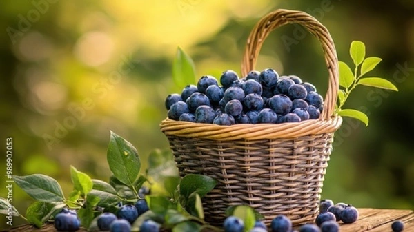 Fototapeta A basket full of blueberries is sitting on a table