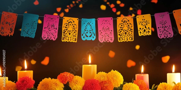 Fototapeta simple ofrenda altar with marigold flowers and candles against a dark orange background for dia de muertos

