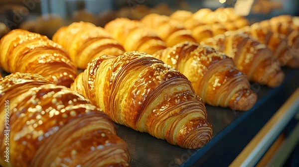 Fototapeta Freshly Baked Croissants with a Golden Brown Crust on Display