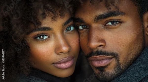 Obraz beautiful portrait of a young african american couple in love, with a black man and afro woman, closeup view showing the intimate details of their faces and emotions in a loving relationship