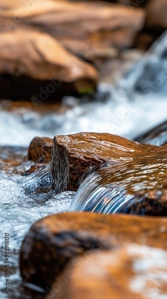 Fototapeta small stream deep running rocks interconnections details macro closeup imagery young cottage hippie naturalist hydration riffle