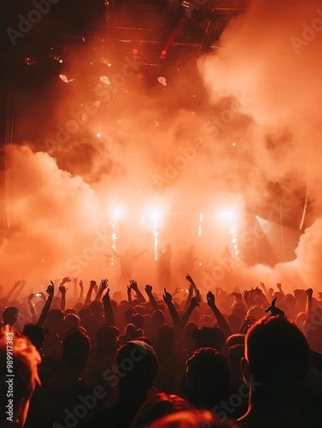 Fototapeta A vibrant concert scene with a crowd enjoying the performance amidst smoke and lights.