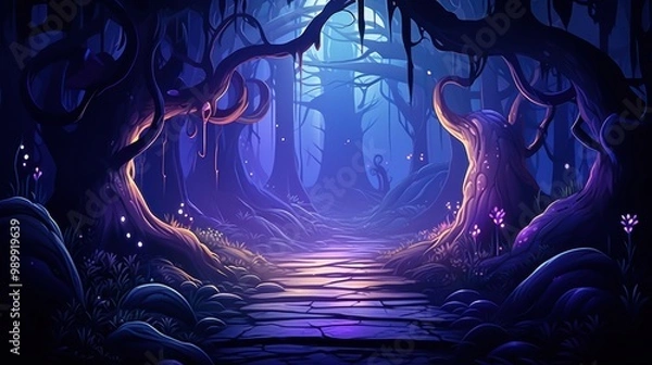 Fototapeta A Mystical Forest Path Lit by Moonlight and Glowing Flora