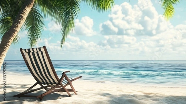 Fototapeta A tranquil beach scene featuring a wooden lounge chair under palm trees, with calm ocean waves and a bright sky filled with fluffy clouds.