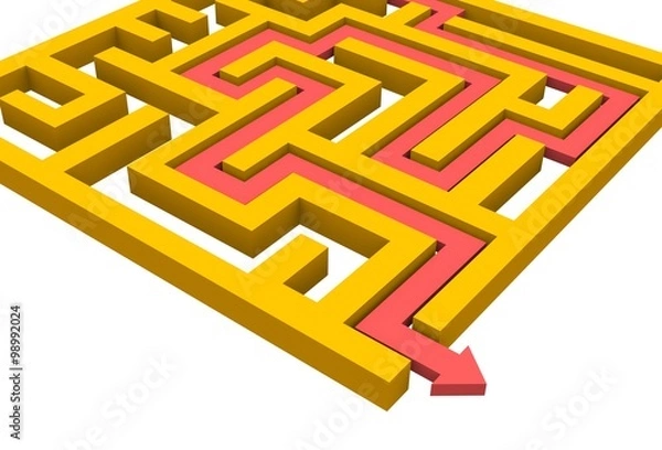 Fototapeta business looking at maze bend with red arrow to exit