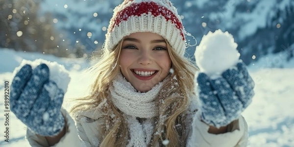 Fototapeta Woman in warm winter gear smiling with snowy mittens