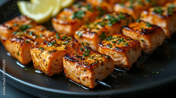 Fototapeta A plate of grilled salmon skewers with a citrus glaze, served with lemon wedges
