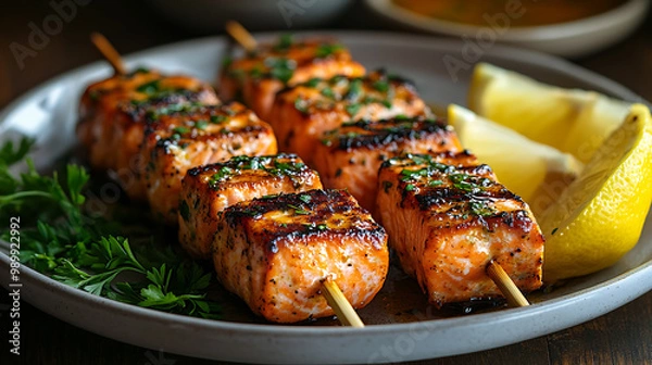 Fototapeta A plate of grilled salmon skewers with a citrus glaze, served with lemon wedges