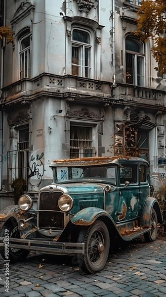 Fototapeta A vintage car parked in front of an old building, surrounded by autumn leaves.