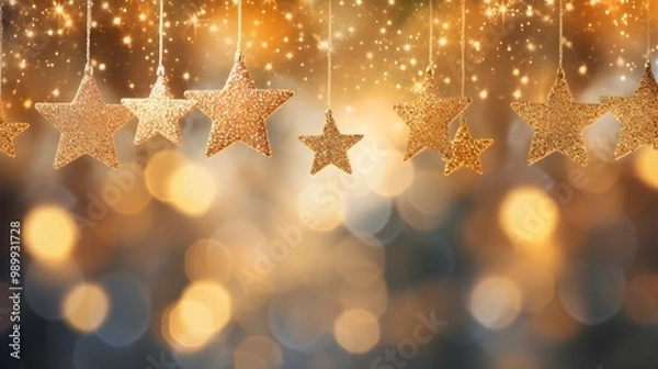 Fototapeta Star ornaments, Fir tree branches, golden christmas lights bokeh lights, with copy space for text, HD, Christmas greeting invitation card, banner background