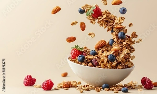 Fototapeta Crunchy Granola with Nuts and Berries Spiraling Upward, Floating Gracefully in Mid-Air

