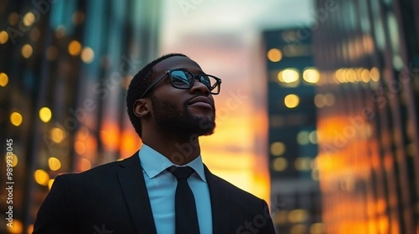 Fototapeta wealthy black businessman standing in a big city at sunset surrounded by skyscrapers envisioning new investment opportunities and thinking about his successful career and future dreams