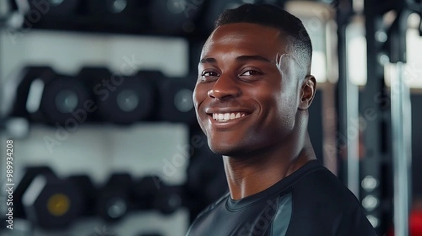 Fototapeta Friendly personal trainer in uniform smiling in his gym, ready to help clients achieve their fitness goals