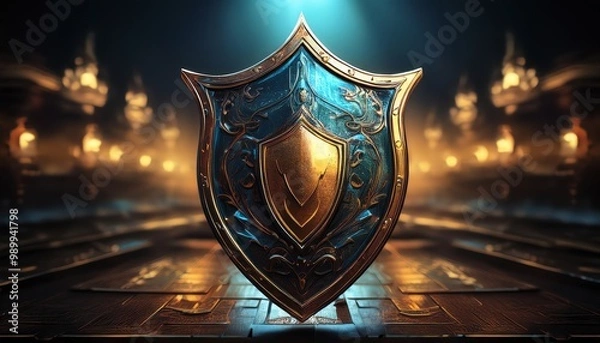 Fototapeta A richly detailed shield illuminated by soft light, set against a mysterious backdrop, evokes themes of protection and valor.