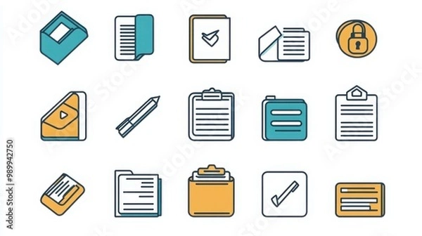 Fototapeta Document thin line icon set. Containing file folder, document with chart, envelope with document, signed contract, scanned document, clipboard with checklist