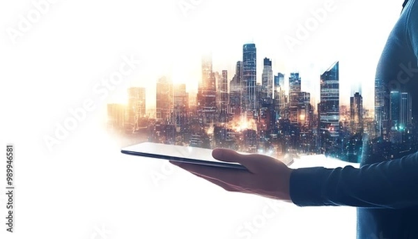 Fototapeta Hands Holding Tablet with Futuristic Smart City Data Flow for Business Strategy