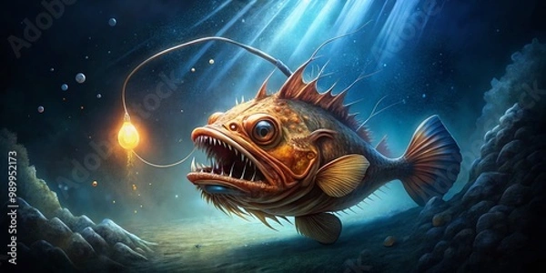 Fototapeta Mysterious Anglerfish Gliding Through Deep Ocean Waters with Luminous Lure and Unique Features