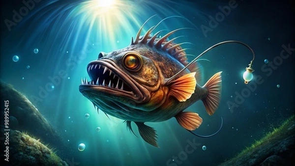 Fototapeta Mysterious Angler Fish Swimming in Deep Ocean Waters with Bioluminescent Lure and Unique Features