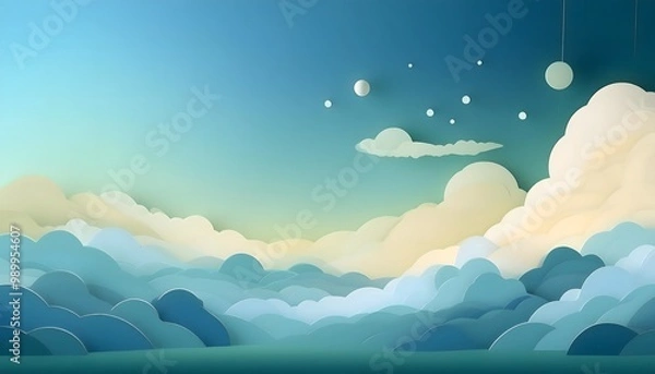 Fototapeta The sky background is filled with pastel fluffy clouds in a paper layer format.