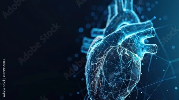 Obraz Futuristic Heart Anatomy Network, advanced cardiological structures visualized in low poly wireframe, showcasing innovative medicine and technology interconnections.
