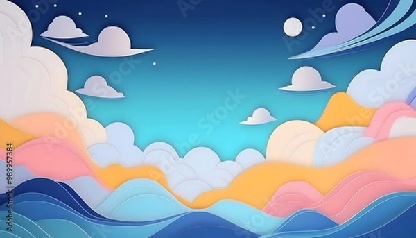 Fototapeta The sky background is filled with pastel fluffy clouds in a paper layer format.