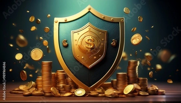 Fototapeta A shiny shield stands prominently on a stack of coins, with golden coins cascading around it, suggesting themes of wealth, security, and prosperity.