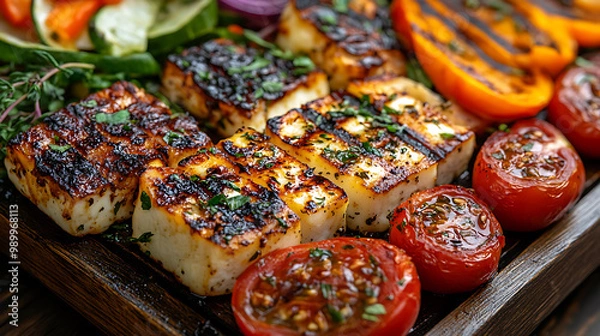Fototapeta A colorful selection of grilled halloumi cheese served with fresh vegetables